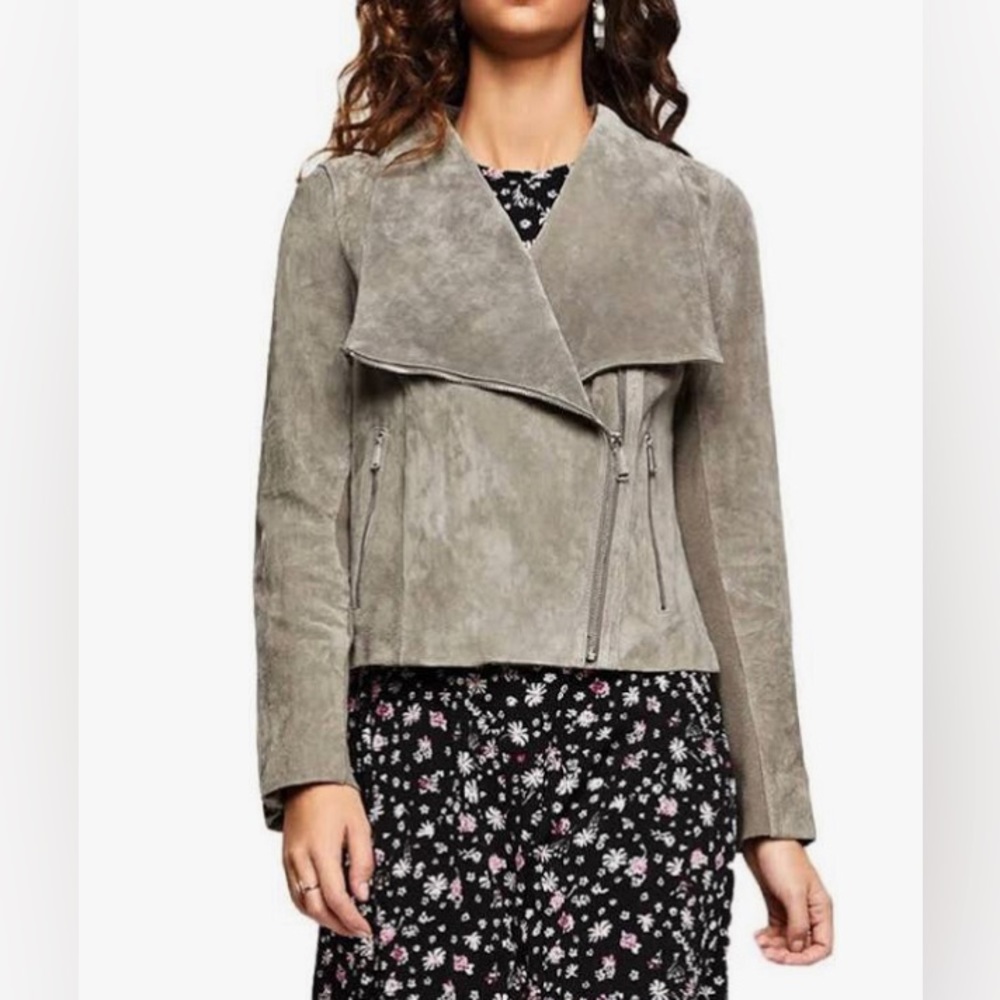 BCBG suede jacket Women’s Wide Lapel Khaki Green Moto Size XS NWOT